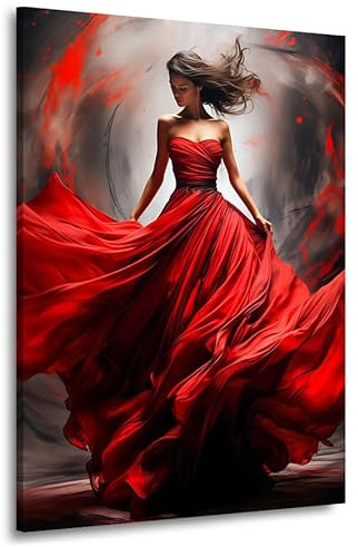 Kunstgestalten24 | Tänzerin Abstrakt Rotes Kleid Leinwand-Bild | Leinwandbild mit Echtholz-Keilrahmen | Wandbild Gemälde Kunst Art | Hochwertige Kunstdrucke | XXL Bilder auf Leinwand | 60x80x2cm