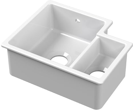 Balterley 549mm White Kitchen Sink, Left Hand Undermount Double Bowl with Overflow Hole, Durable Fireclay Ceramic Kitchen Sink Bowl, Undermount Sinks for Kitchens - 549 x 441 x 195mm (Glossy White)