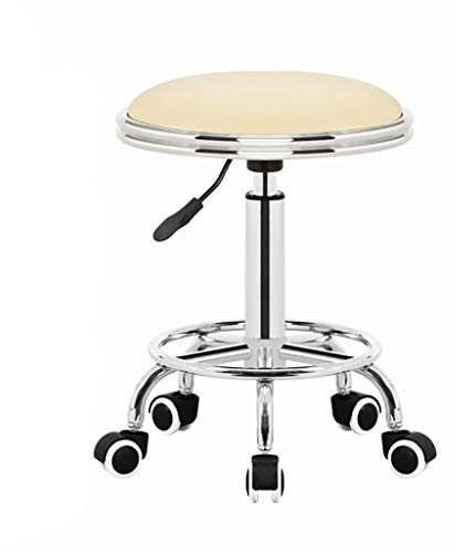 Hocker auf Rädern, kleine Werkbank, kurzer Arbeitshocker für zu Hause, PU-Rad, Schönheitssalon, Make-up, Mini-Arbeitsstuhl, 45–57, 6 Farben (Farbe: Beige) Hello