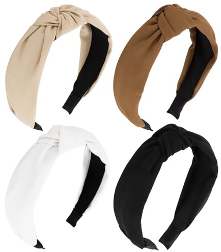 AOPRIE Fasce per capelli da donna, con nodo, per ragazze, fasce per capelli da donna, tinta unita, turbante, fasce larghe per donne, nero, bianco, beige, confezione da 4
