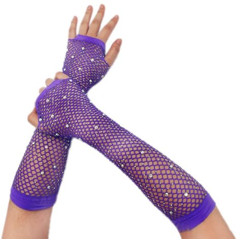 Anevous 1 Paar Lange Netzhandschuhe, Fingerlose Handschuhe Netzhandschuhe mit Strass 80er Glänzende Opernhandschuhe für Retro Party Kostüm Zubehör Kostümparty Halloween Cosplay,Lila