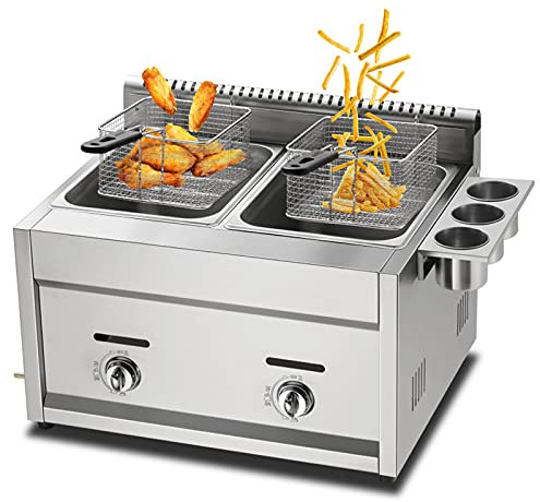 sjdoPulse Friteuse À Gaz Commerciale, Friteuse Professionnelle Au Gpl, avec Paniers Amovibles Et Bac À Assaisonnement, Puissance De Feu Réglable, en Acier Inoxydable, pour Chips, B,Gas,22L