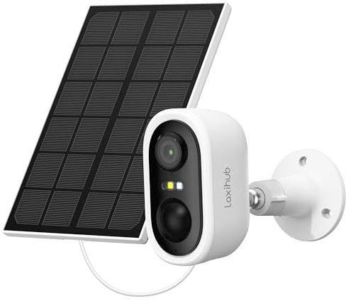 LAXIHUB 2K/3MP Outdoor Camera Solar,Security Camera with Solar Panel,Two-Way Audio,Night Vision,Sound Floodlight Arlarm,Motion Detection,Wifi CCTV for Home&House Security,Works with Alexa