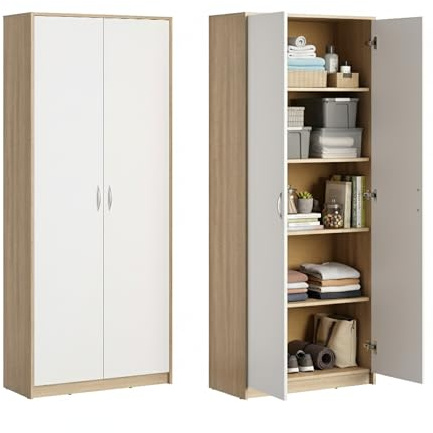 Home Collective Schrank Mehrzweckschrank Aktenschrank Hochschrank mit 5 Fächern, 2 Türen, 74x35x180 cm vielseitig einsetzbar für Büro Flur Küche Hauswirtschaftsraum stabil & pflegeleicht | sonoma/weiß