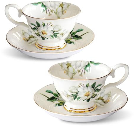 MIATTCLD Tea Cups and Saucers, Set of 2, 200ml, Floral Design, Bone China Tea Cup Sets, Gifts for Women