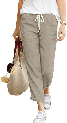 Hormtaer Hose Damen Leinen Sommerhose 7/8 Casual Leichte Baumwolle Leinenhose Stoffhose Bequeme Luftige Freizeithose Strandhose Mit Taschen (Khaki, L)