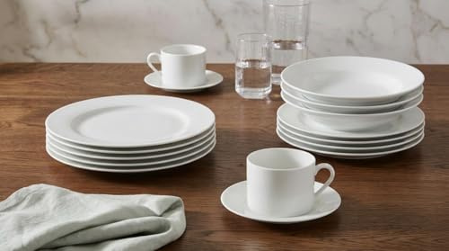 Waterside 20pc White Porcelain Rim Shape Dinner Set; 4 Dinner Plates, 4 Side Plates, 4 Soup Bowls and 4 Cup & Saucers - Dishwasher & Microwave Safe