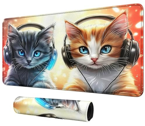 DIGTIALL Cats with Headphones Theme Card Playmat Mat 23.6 x 13.8 for MTG & TCG Playmat Mouse Pad Game Mat Trading Card Game Table Mat Perfect for Card Games Video Games Computer Office