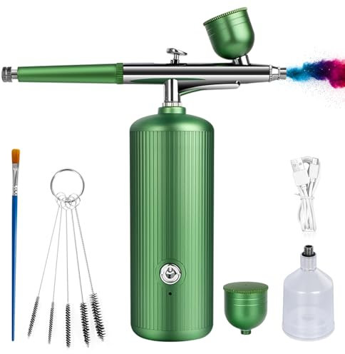 Airbrush Kit with Compressor - Rechargeable Portable Non-Clogging High-Pressure Air Brush Set with Nozzle and Cleaning Brush Set for Nail Art, Makeup, Barber, Cake Decor, Model Painting (Green)