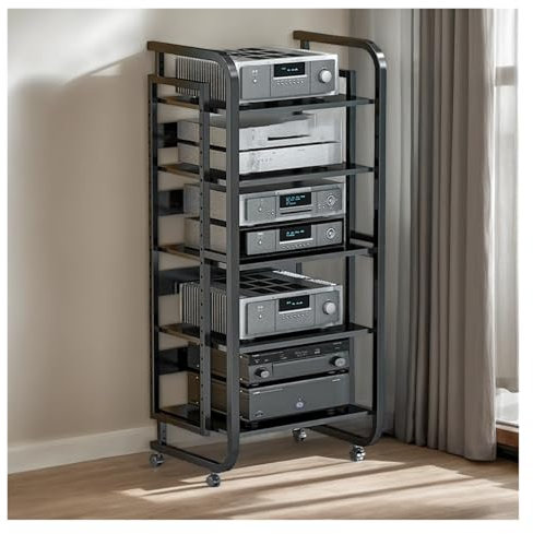 CD Player Rack with Corner AV Media Stand & Wheels for Home Theater Club | 5 Tier Stereo Component, Speaker Amplifier Shelves Receiver Furniture Storage Shelf for Electronic Equipment