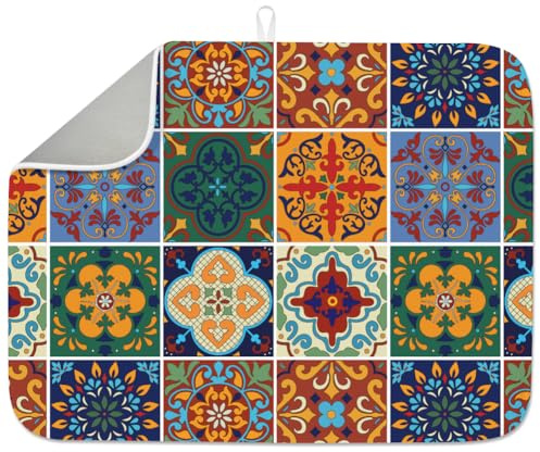 INFUNLY Mexican Ceramic Tiles Dish Drying Mat for Kitchen Counter 18X24 Mandala Tiles Absorbent Dish Drainer Mat Quick Dry Heat Resistant Coffee Bar Mat for Table Faucet Sink Coffee Bar Refrigerator
