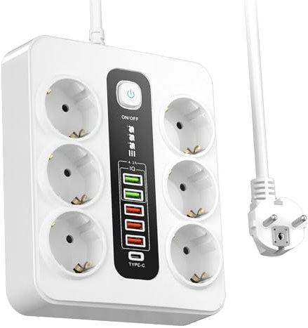 Ciabatta Multipresa a 6 Prese, Con 5 Porte USB E 1 Connettore Di Tipo C, Ciabatta Multipresa Piatta Con 1 Interruttore, Adattatore Di Protezione Da Sovratensione Con Cavo Da 2 M, Per Home Office