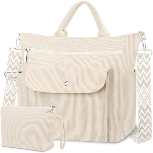 BTNEEU Cord Tasche Damen Shopper Tasche Groß Corduroy Tote Bag Strandtasche mit Reißverschluss Laptoptasche Uni Tasche Wickeltasche Handtasche Cord Umhängetasche Damen für Schule Arbeit Reise
