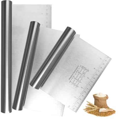 3 Pièces Grattoir à Pâte, Spatule Patisserie Acier Inoxydable 15/20/25cm Corne Patisserie Anti-adhérent Coupe Pate avec Graduation Poignée Spatule Cuisine pour Gâteaux Pizzas Tartes Pâte à Pain