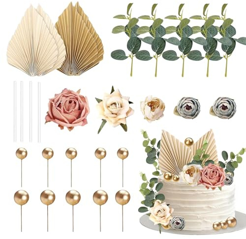 xolear 28 stycken tårtdekorationer, bohemiska tårtblommor, återanvändbara konstgjorda blommor, tillbehör för födelsedag, bröllop, babyshower