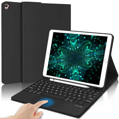 JADEMALL Coque Clavier avec Trackpad pour iPad 9eme/8eme/7eme Generation 2021/2020/2019 10.2, AZERTY Clavier avec Pavé Tactile Détachable avec Porte-Crayon, Noir