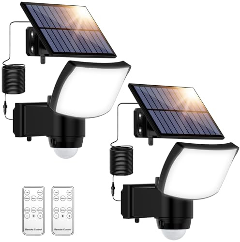BENMA Lámparas solares para exteriores con mando a distancia, 2 unidades, foco solar LED con detector de movimiento, 3000/5000/7000 K, foco solar exterior con 3 modos de iluminación, IP65 resistente