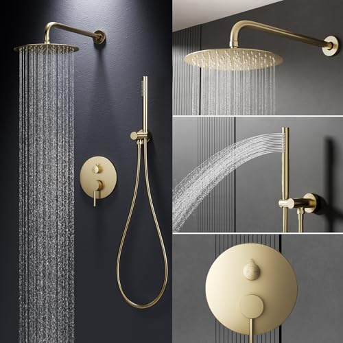 Duschsystem Unterputz Gold Gebürste, Unterputz Duscharmatur Set Messing | Unterputz Duscharmatur Komplettset mit 360° verstellbarer Duschkopf für Regendusche, Anti-Kalk-Düsen, Handbrause