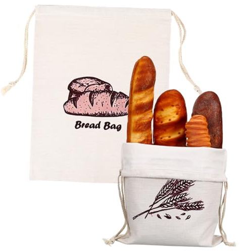 Hohopeti Paquet à Pain Réutilisables en Lin Composé, Lavables Cordon de Serrage, Lot de 2 pour Conservation Pain Fait Maison Cuisine ou Activités Extérieures