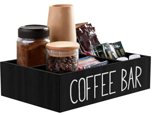 YUNYOUC Coffee Station Organizer, 4 Compartments Coffee Condiment Storage, Wooden Kitchen Storage Shelf for Sugar, Creamer, Tea, Bar Accessories Caddy for Home, Office(Black)