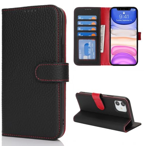 CAVOR Handyhülle kompatibel mit iPhone 11 Hülle,Flip Echtleder Geldbörse Hülle,[4 Kartenfächer][Schnalle][RFID-Blocker],Klapphülle Handytasche - Schwarz+Rot