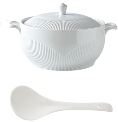 Soupière en porcelaine avec couvercle et cuillère, plat de service en céramique à double anse, compatible micro-ondes et lave-vaisselle, for les soupes, les céréales et les ragoûts(3000ml)