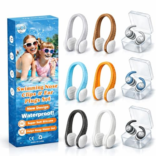 Clip Nasali e Tappi per Orecchie da Nuoto, Set da 9 Pezzi, 6 Clip Nasali e 3 Paia di Tappi in Silicone, per Bambini e Adulti, Impermeabili, con Scatola Portaoggetti, Multicolore
