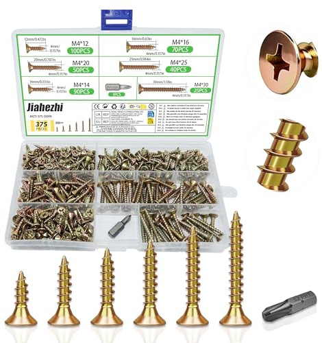 Jiahezhi 375Pcs Wood Screws Assortment M4 Self Tapping Countersunk Screws | 6 Size, Multi-Purpose Single Thread Screws with Storage Box and Phillips Drive Bit, Galvanised Screws for Wood Projects