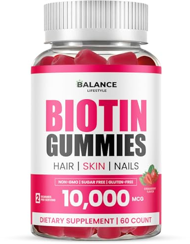 Biotin Gummies 10,000mcg, 60 Vegan Gummies with 7 Essential Vitamins for Hair, Skin & Nails Support, Strawberry Flavour Biotin Supplement Non-GMO, Gluten-Free (Strawberry)