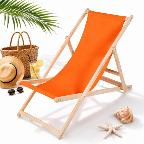 Mucola Liegestuhl Strandstuhl klappbar Holz 3-Fach verstellbar Orange | Atmungsaktiver Polyester-Bezug, nur ca. 3,5 kg, Sicherung gegen Zusammenklappen, luftig, faltbar, Strand, Pool, Garten