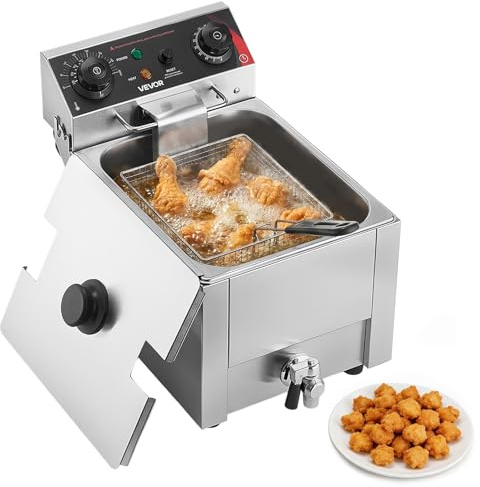 VEVOR Friteuse Électrique Professionnelle, Friteuse à Huile 2500 W 6,8 L, pour Frites Restaurant, en Inox avec Panier Couvercle Thermostat Robinet de Vidange, Système de Filtration d'Huile Amélioré