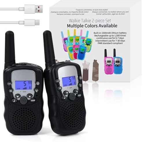 Funkprofi Walkie Talkie Set für Kids, T-388 Funkgerät für Kinder mit Wiederaufladbarer Akkus, Hobbyfunker 8 Kanal PMR 446 Reichweite bis 2 – 3 km (2er-Set) Schwarz