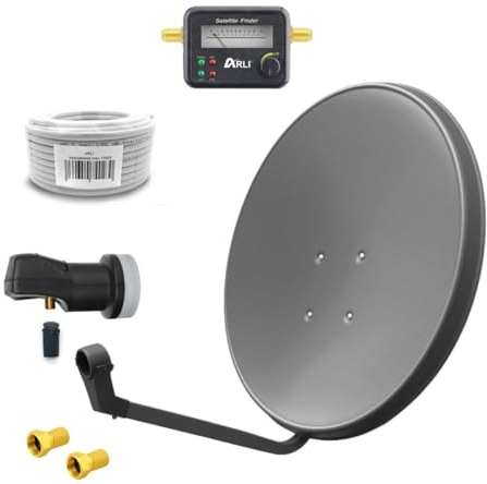 ARLI 60 cm HD Sat Anlage Single LNB + 20 m Koaxialkabel 135 dB + Satfinder + 2 F-Stecker Digital 1 Teilnehmer Antenne Grau UHD 4K FullHD