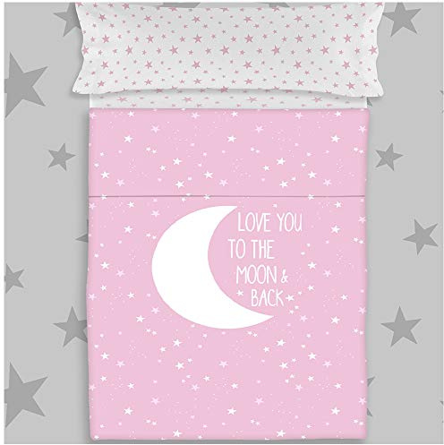 COTTON ARTean Juego sabanas Infantil Cama 105 Algodón Moon Pink | Incluye 3 piezas: encimera, bajera ajustable, 1 funda de almohada. Certificado OEKO-TEX