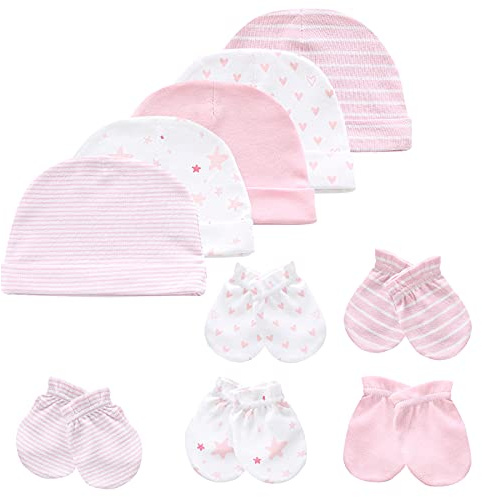 Chamie Ensemble bonnet et moufles pour bébé, 5 bonnets pour bébés, garçons, filles, 0-6 mois, 100 % coton, rose, 0-6 Mois