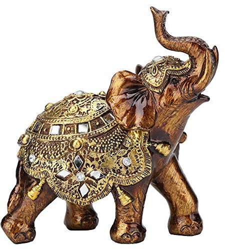 Estatua de Elefante de Poliresina Dorada, Elegante Estatua de Elefante con Tronco Mirando hacia Arriba, Regalo de Figura Coleccionable de la Suerte de la Riqueza, Decoración del Hogar Feng Shui(S)