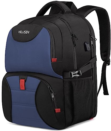 HILUSEN Stor ryggsäck herr 50 l, arbetsryggsäck laptop ryggsäck med laptopfack och stöldskyddsväska, 40 cm skolryggsäck med USB-laddningsport business notebook väska för män blå
