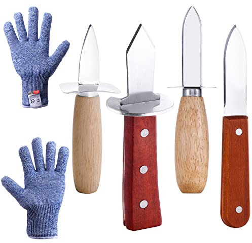 Oyster Shucking Knives and Gloves Set, Oyster Shucker Opener Kit Including 4 Styles Shellfish Opening Knife & 1 Pair Level 5 Cut Resistant Gloves(XL), Clam Seafood Tools with Wooden Handle