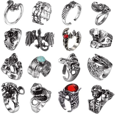 JeryWe 16Pcs Bague Homme Anneaux Gothique Open Punk Vintage Bague Ensemble Réglables Tête De Mort Dragon Claw Poulpe Serpent Animal Bague Fête Cosplay Accessoires