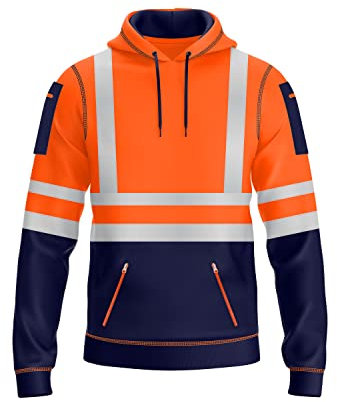 NOROZE Mens Hi Vis Hoodie with Reflective Tape, Pullover High Vis Hoodie for Safety Workwear– 4 Utility Zipped Pockets, Work Hoodies for Men, High Visibility Hooded (XL, Style 1: Neon orange/Navy)