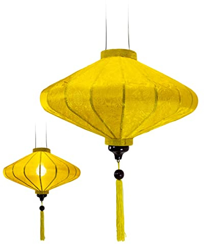 Traditioneller asiatischer Lampion aus Seide, gelb, Durchmesser 39 cm – Laterne von Hoi an aus Stoff, Bambus und Holz, handgefertigt – Dekoration von Asien und Handwerk aus Vietnam (P20-J)