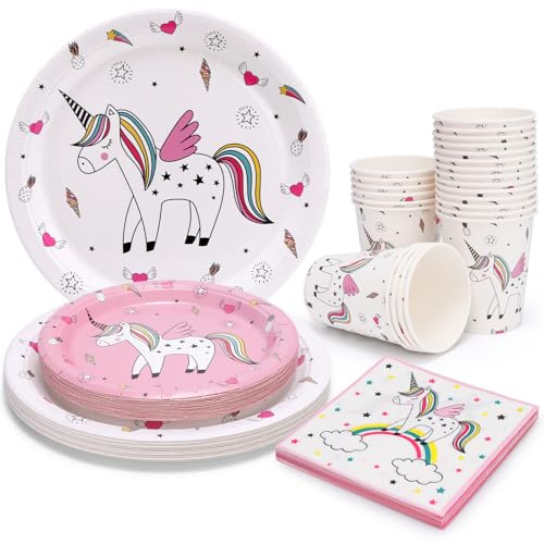 PARTY GO Lot de 96 couverts jetables en carton avec assiettes, gobelets et serviettes en papier Motif licorne Blanc