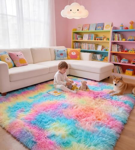 VOFUSHON Teppich Wohnzimmer 120 x 160 cm Regenbogen | Hochflor, Waschbar, OEKO-TEX Zertifiziert, 35D Rückprallschaum, Schlafzimmer, Rutschfeste Unterseite, Flauschig