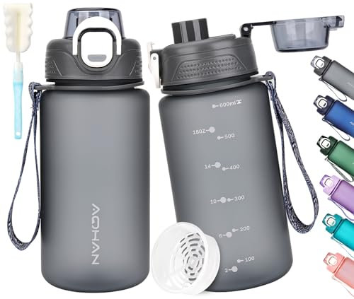 AOHAN Trinkflasche 600ml, Wasserflasche BPA Frei, Sport Trinkflasche Auslaufsicher Motivierende Sportflasche Mit Filter für Fahrrad, Fitness, Wandern und Schule