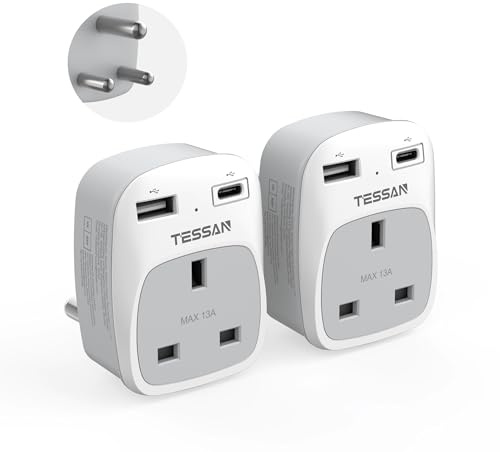 TESSAN UK to South Africa Plug Adapter, Type M Travel Adapter with USB C | 2 Pack South Africa Travel Plug for Namibia, Swaziland (Type M)