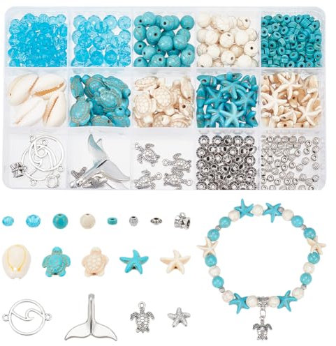 NBEADS Über 468 Stück Sommer-Strand-Perlen, Schildkröte Perle Charms Seestern Seesterne Charms Edelstein Stein Spacer Perlen Rondelle Glasperlen für Schmuckherstellung DIY Armband Halskette