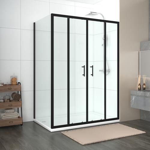 NRG 1400 x 900mm Sliding Shower Enclosure Matte Black Framed Bathroom Cubicle Screen Door with Side Panel