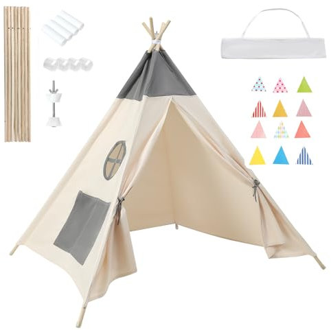Baketron Tipi Zelt für Kinder,Tippi Kinderzelt,Spielzelt Kinderzimmer Höhle,Spielzeug Indoor Tent Jungen & Mädchen,Polyester und Holzrahmen mit Bunte Fahnen