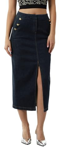 Comma Schmal Geschnittener Denimrock mit goldfarbenen Zierknöpfen