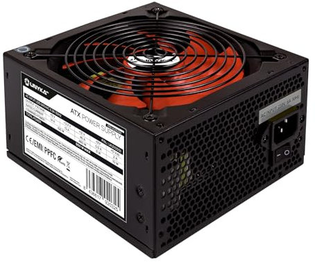 UNYKAch Fuente de Alimentación ATX 2.31 550W PPFC, Ventilador 140 mm FDB Rojo, Cable Plano, 5×SATA, conmutador ON/Off